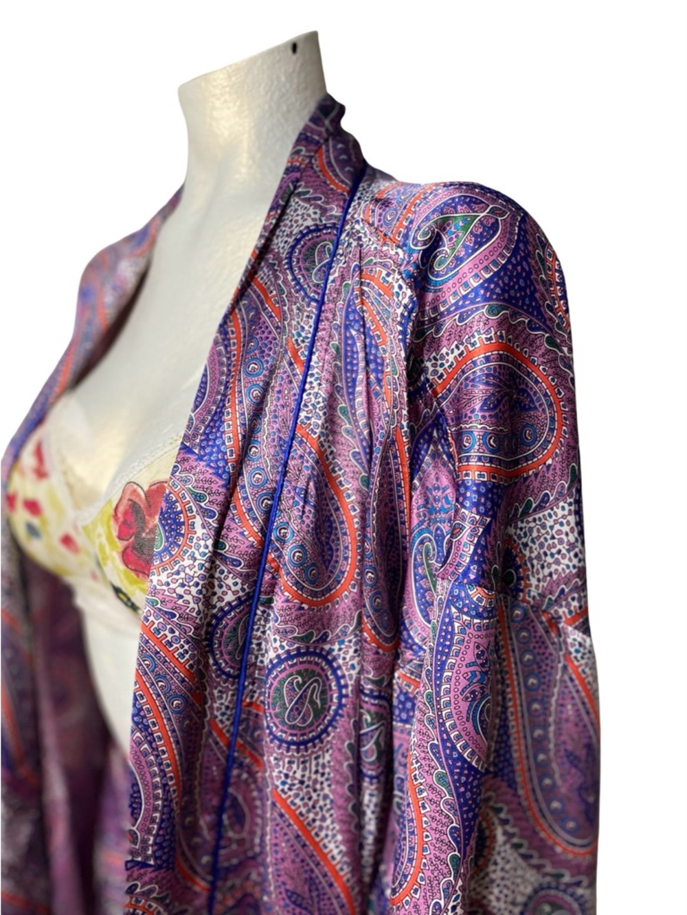 Dior Purple Paisley Satin Kimono Robe with Pink & Orange Details